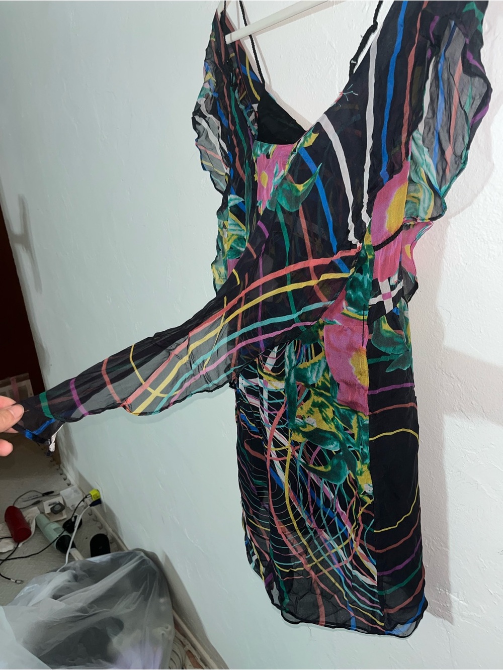 100% Silk Mini Dress Abstract Ark & Co Multicolor Ruffled Chiffon Whimsical Fun - Picture 3 of 16